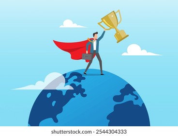 An illustration of businessman superhero with award prize trophy winner on planet earth. Business worldwide winner, win global competition, globalization business concept