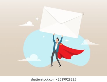 An illustration of businessman superhero carrying big email envelope flying to recipient address. Email communication, marketing campaign from subscription, sending message or information concept