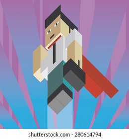 Illustration of a businessman superhero, in isometric old video game style. The grunge texture is removable from the background.