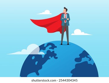 An illustration of Businessman superhero standing on planet earth. Business worldwide winner, achievement, victory or international success, globalization business concept.