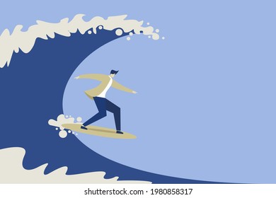 Illustration of a businessman surfing on high wave