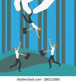Illustration of a businessman taken by a giant hand, far away from their work group. The grunge texture is removable from the background.