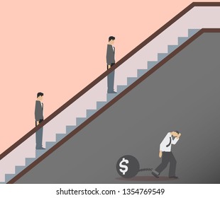 
Illustration of Businessman taking elevator to upstair and another one lower walking with a weight ball and chain.