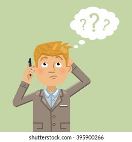Illustration of a businessman talking on the phone and thinking. Confused businessman making decision. Flat style vector illustration