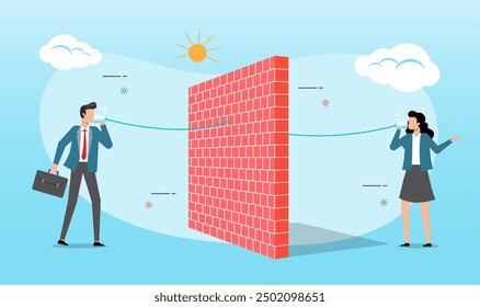 An illustration of businessman talks to businesswoman together by paper cup phone and string shape through a big wall. Old phone concept