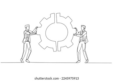 Illustration of businessman with team colleagues connecting cogwheel gear together concept of integration partnership. Single line art style