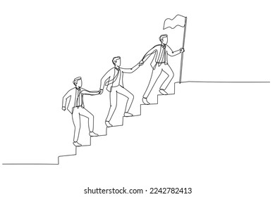 Illustration of businessman team walking up staircase, holding hands with raised flag. Single line art style