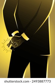 An illustration of a businessman telling lies, hold crossed finger his back on yellow backgrounds. Liar metaphor concept.