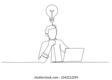 Illustration of businessman thinking about project at workplace thoughtful. Single continuous line art style