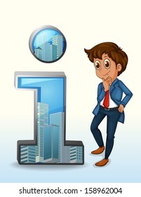 Illustration of a businessman thinking beside the number one figure on a white background