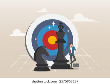 An illustration of a businessman thinking with a king or knight chess piece for the next move. Leadership strategy to success, tactic to reach business goal or opportunity to achieve target concept