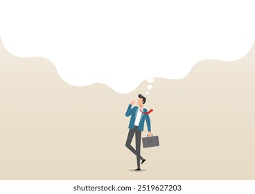 An illustration of businessman thinking with many thinking bubbles. Too many thinking ideas, contemplation solutions for trouble, concerned or anxiety concept