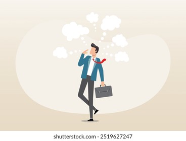 An illustration of businessman thinking with many thinking bubbles. Too many thinking ideas, contemplation solutions for trouble, concerned or anxiety concept