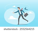 An illustration of businessman throw boomerang and it return to hurt himself. Karma boomerang, sin or consequence of evil action return to himself, disaster and responsibility concept