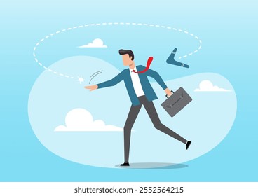 An illustration of businessman throw boomerang and it return to hurt himself. Karma boomerang, sin or consequence of evil action return to himself, disaster and responsibility concept