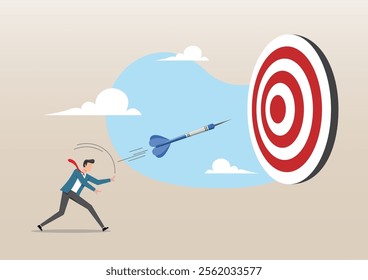 An illustration of a businessman Throw Darts to Huge Target. Aim Mission Challenge, Business Goals Achievement Concept stock illustration