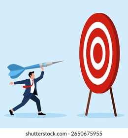Ilustração de um homem de negócios jogando um dardo em um alvo, simbolizando a definição de metas, estratégia de marketing e visando o sucesso.