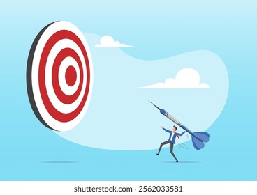 An illustration of businessman throwing huge dart, aiming to hit dartboard bullseye. Aiming for big goal, success or accuracy, ambition or determination to reach business target concept