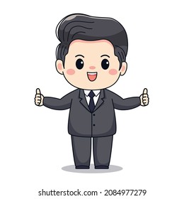 ilustración de un hombre de negocios con los pulgares hacia arriba. Diseño de carácter cute kawaii chibi