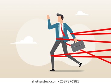 An illustration of a businessman tied up with red tape trying to run away with full effort. Business difficulty or struggle with career obstacle or challenge to overcome to success concept, 