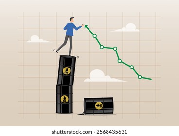 An illustration of businessman trader standing on stack of oil gallon drawing rising up graph. Oil price rising up, high demand or energy or gasoline industry concept