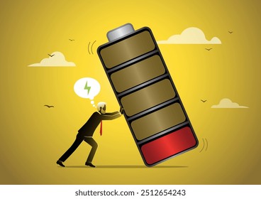 An illustration of Businessman tried to prevent a large battery from falling. Recharge energy. Fight burnout at work concept