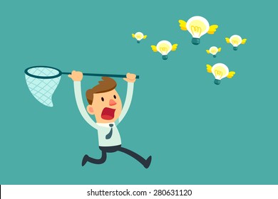 Illustration Of Businessman Try To Catch Flying Idea Bulb With A Net