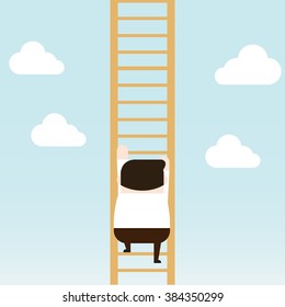 Illustration of businessman try to climb to top ladder. Vector illustration flat style.