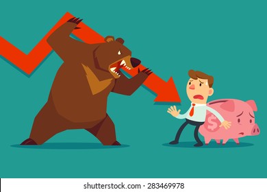 Illustration of businessman try to protect his piggy bank from bear market trend