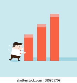Illustration of businessman try to push graph. Vector illustration flat style.