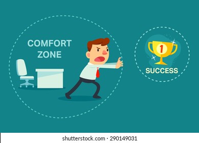 Illustration of businessman trying to break out of his comfort zone to success