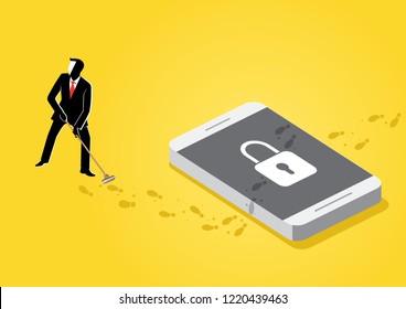 An illustration of businessman trying to clean his shoe prints from cell phone