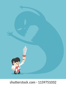 Illustration Businessman Trying To Fight With Monster Shadow