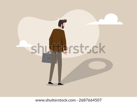 An illustration of a businessman trying to find the key to their inner self. The image shows a person casting a shadow in the shape of a map pin.