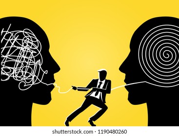 An illustration of a businessman trying to unravel tangled rope from giant head