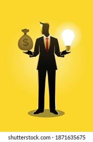 An illustration of a businessman with two options on his hands