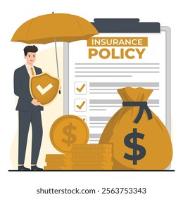 Illustration with a businessman under an umbrella holding a shield alongside coins, a money bag, and an insurance policy, representing financial protection and wealth management