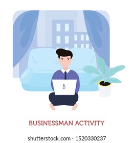Illustration Businessman use laptop on sofa at office room 