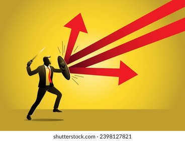 An illustration of a businessman use shield to protect falling graph. Business people. Financial concept