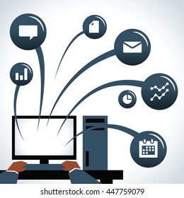 Ilustración De Empresario Usando Computadora Con Iconos