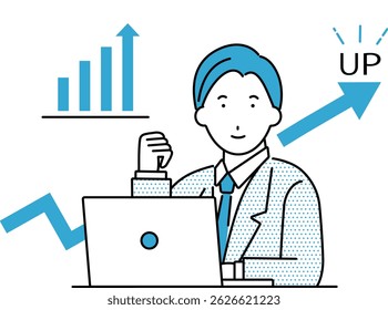 Illustration of a businessman using a computer making a fist pump after his grades and business performance improve