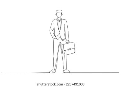 Illustration of businessman using his bag walking in his office. Single line art style
