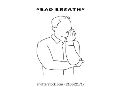 Illustration of businessman verifying bad breath, concerned with halitosis. line art style
