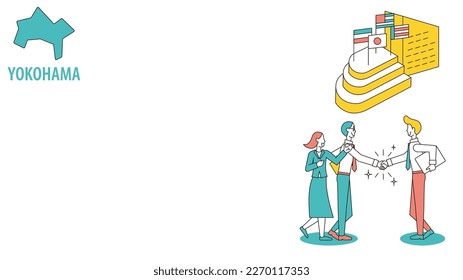 It is an illustration of a businessman visiting an international conference held in Yokohama, Japan.