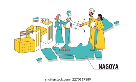 It is an illustration of a businessman visiting an international conference held in Nagoya, Japan.