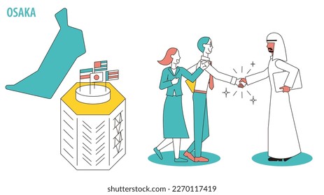 It is an illustration of a businessman visiting an international conference held in Osaka, Japan.