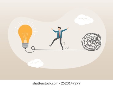 An illustration of businessman walking away from mess chaos line to simple lightbulb idea. Simplify idea to find solution, discover easy way to understand concept