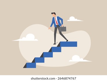An illustration of a businessman walking down stairs. His posture suggests a sense of decline, disappointment, or resignation. Conveying concepts such as demotion, career setbacks, or job loss