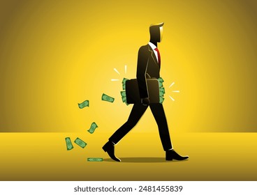 An illustration of a businessman walking and holding a briefcase full of money