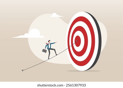 An illustration of businessman walking on the line aiming at target bullseye. Set goal and take action to achieve goal or target, effort or skill to reach goal concept